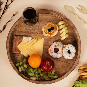 Plateaux ronds en bois de manguier élégants avec poignées découpées Lot de 2 plateaux décoratifs multiples pour servir des collations au café Cuisine Salle à manger - Product Image 4