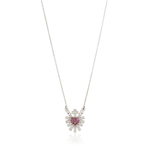 Collier pendentif Cœur Sacré soleil éclatant en or blanc 14 carats, serti de rubis et de diamants, fait main, design le plus récent, 100% authentique - Product Image 1