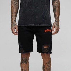Shorts Bermuda en coton noir délavé pour homme, taille mi-haute, ourlet déchiré, style décontracté - Product Image 6
