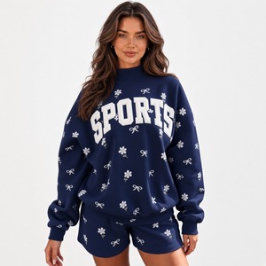 Sweat-shirt à col montant personnalisé pour femme, motif floral Daisy, imprimé nœud, ensemble deux pièces avec short assorti, coupe décontractée, tenue décontractée - Product Image 5