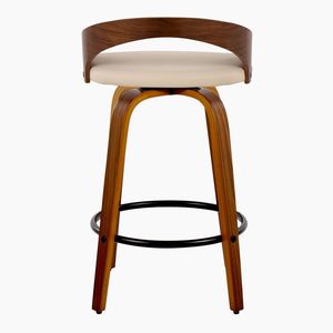 Sgabello da bancone Grotto da 26 pollici, stile Mid-Century Modern, altezza fissa, in legno di noce e similpelle crema, con sedia da pranzo girevole in metallo nero - Product Image 5