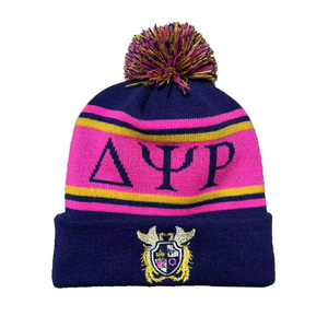 Delta Psi Phi Knitted Beanie <b>Hat</b> with Pom Pom Embroidered Crest Pink <b>Navy</b> Blue Unisex Winter Cap - Product Image 1