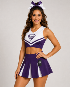 Ensemble d'uniformes de cheerleading OXYTAG, violet et blanc, haut court à col en V, jupe plissée avec logo sur le devant, kit pour femmes adultes, vente en gros OEM - Product Image 2