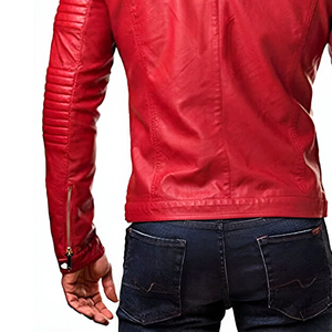 Veste de moto en cuir d'agneau véritable rouge pour homme de qualité supérieure, col montant, fermeture éclair, style motard, coupe-vent - Product Image 3