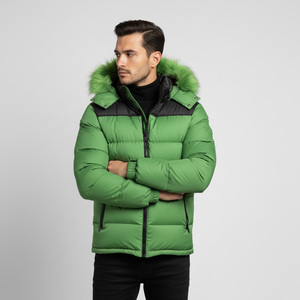 Men's Green Hooded Puffer <b>Jacket</b> With Fur Trim And Front Logo Print Winter Casual <b>Thick</b> Warm Coat Zipper Closure and low prices - Product Image 3