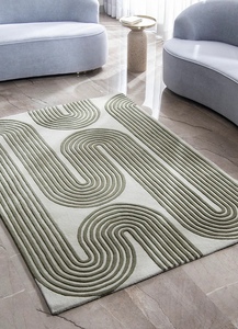Tapis moderne abstrait tufté rectangulaire vert et blanc en laine et acrylique pour salon avec dos antidérapant en caoutchouc - Product Image 6
