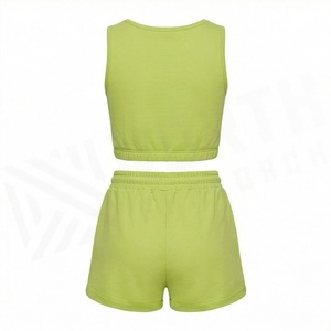 Conjunto de 2 piezas verde lima para mujer, top corto sin mangas con estampado geométrico y pantalones cortos con cordón, ropa informal para primavera y verano - Product Image 2
