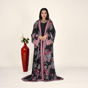 Abaya ligera con estampado floral suave, borde en contraste, mangas anchas, caída elegante, perfecta para la noche. - Product Image 1
