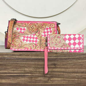 Conjunto de Bolso y Cartera de Cuero Vacuno Hecho a Mano, Diseño Personalizado de Fábrica, Precio Bajo, Patrón a Cuadros Rosa y Blanco - Product Image 4