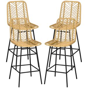 Set di 4 Sgabelli da Bar in Vimini Giallo, Altezza Bancone, con Gambe in Acciaio, Struttura in Legno, Poggiapiedi Robusto per Sala da Pranzo, Cucina, Pub - Product Image 1