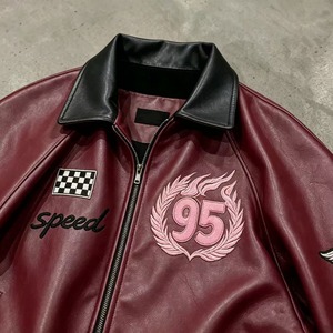 Men's <b>Burgundy</b> PU <b>Leather</b> Bomber <b>Jacket</b> With Embroidered Patch Designs Turn-down Collar Zipper Front Autumn Outerwear - Product Image 3