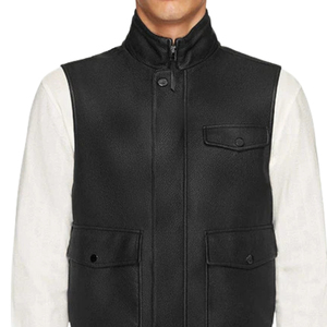 <b>Men's</b> <b>Black</b> Leather Stand Collar Zipper <b>Vest</b> Casual Waistcoat with Buttoned Pockets for Autumn Winter - Product Image 1