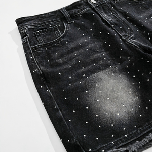 Shorts en jean épais personnalisés pour hommes, style streetwear, avec strass et cristaux, style vintage, fermeture éclair, 100 % coton, service OEM - Product Image 3