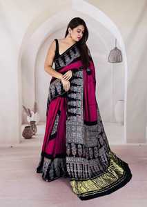 Sari de Seda Azul Pintado a Mano para Mujer, Tradicional Indio y Pakistaní, para Boda, Largo hasta el Suelo, Étnico, Corte Regular, para Todas las Estaciones - Product Image 2
