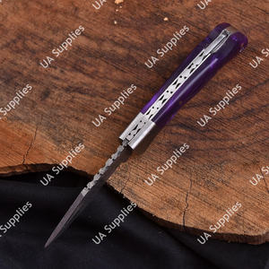 Luxury Custom Damascus Steel Industrial Folding Pocket Knife Drop Point Epoxy Handle Men's EDC Hunting Camping Genuine <b>Leather</b> - Product Image 2