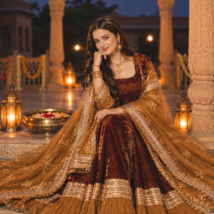 Elegante Vestido Maxi Pakistaní Marrón Dorado para Mujer |   Vestido Anarkali de Fiesta Bordado de Lujo - Product Image 1