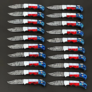 Lot of Damascus Steel Folding <b>Knives</b> American Theme Back <b>Lock</b> EDC Pocket <b>Knives</b> Wholesale Pack with Leather Sheath - Product Image 3