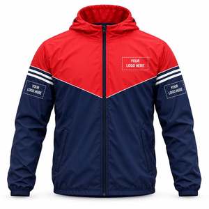 Chaqueta Cortavientos con Capucha de Dos Tonos y Logotipo Personalizado, Rojo Azul Marino - Product Image 1