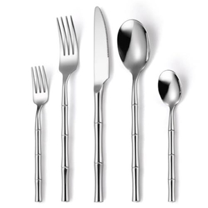 Ensemble de couverts en acier inoxydable avec manche en bambou, finition miroir haute brillance, passe au lave-vaisselle, vaisselle de mariage - Product Image 1