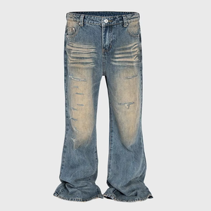 Jean en denim déchiré évasé coupe bootcut vintage épais 14 oz effet usé pour homme, style streetwear, vente en gros - Product Image 1