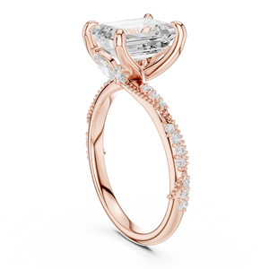 Bague de fiançailles en or avec diamant taille émeraude, à double sangle et pavé, bijoux de mariée de luxe - Product Image 2