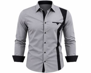 Camisa de Vestir para Hombre en Color Beige y Azul Marino con Bloques de Color, Manga Larga, Cuello Clásico, Estilo Casual Elegante, Tela Popelina, para Primavera - Product Image 3
