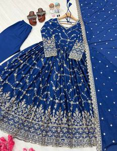 New Designer Women's Solid Heavy Chinon Silk Gown Pant & Dupatta Set with Embroidery 5mm Sequence Work Sleeve Mirror Work - Product Image 1