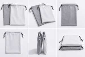 Sac en coton uni avec cordon de serrage, lavable, réutilisable, écologique, pour le rangement de textiles de maison, gris et blanc - Product Image 4
