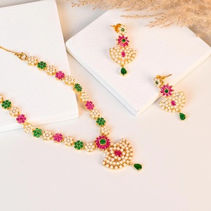 RAY FINE ORNATES Gold Plated Vintage Handcrafted <b>Necklace</b> <b>Ruby</b> Pearl <b>Ruby</b> Pink Bridal Wedding Jewelry Ethnic Festive Statement - Product Image 2