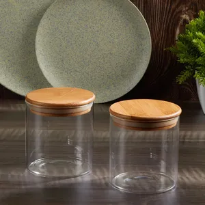 Pot de conservation en verre borosilicate transparent de 500 ml avec couvercle en bambou naturel, vente en gros, conteneur hermétique pour garde-manger et cuisine - Product Image 4