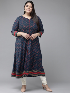 Kurti Anarkali de Rayón para Mujer, Talla Grande, Diseño con Cuello Redondo, Mangas Tres Cuartos y Estampado Floral Azul, Ropa Casual - Product Image 1