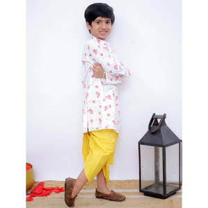 Kurtis Étnicos para Niños Famigo, Blancos y Amarillos, de Manga Larga, Estilo Pakistaní, con Estampado Digital, de Poliéster Elástico, Kurta Dhoti Cosida - Product Image 6