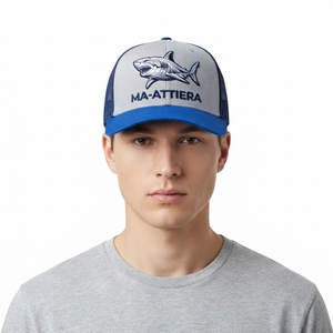 Gorra Trucker Gris Azul para Hombre con Bordado de Tiburón, Malla Trasera, Cierre a Presión, Gorra de Béisbol con Logotipo Personalizado Ajustable - Product Image 1