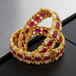 925 Silver Monzo Bangles Stone Crystal Designer <b>Kada</b> Set for Red Crystal Rhinestones Geometric Design Women's Wedding Jewelry - Product Image 5