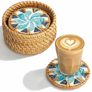 Ensemble de dessous-de-verre tissés personnalisés en MOP vert et blanc pour verres à eau, verres à vin, tasses à thé, au prix de gros - Product Image 5