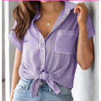 Blusa de Mujer para Negocios, Corte Regular, Cuello Alto, Manga Corta, Estilo Kimono, Popelina a Rayas, Transpirable, Anti-Pilling, 100% Poliéster