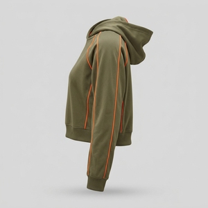 Sudadera Corta Verde Oliva para Mujer, Manga Larga, con Cordón, Estampado de Letras, Ribete Naranja, Transpirable, de Alta Calidad - Product Image 3