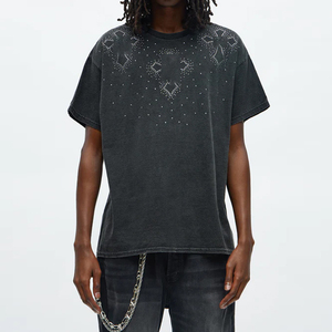 Customized High Quality Men's Acid Wash Denim <b>Rhinestone</b> T-Shirts Streetwear Retro Boxy Cozy Vintage Luxury <b>Tops</b> 100% Cotton - Product Image 1