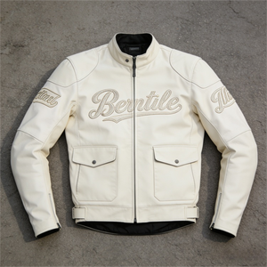 Blouson de moto en cuir blanc pour homme TITAN TREAD WEAR, col montant, fermeture éclair sur le devant, clouté, imperméable, style motard d'hiver - Product Image 1