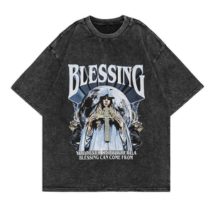 เสื้อยืดพิมพ์ลาย GSM สูง ผ้าสโตนวอช เสื้อผ้าผู้ชายไซส์ใหญ่ เสื้อทรงหลวม ขายส่ง สีไลท์วอช ผ้าฝ้าย 100% ระบายอากาศได้ดี - Product Image 1