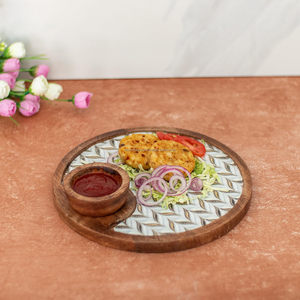 Round Wooden Serving Tray with Enamel <b>Plant</b> Pattern Handle for Dining <b>Table</b> Rustic Style Single-Piece Package - Product Image 1