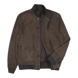 Men's Brown Suede Bomber <b>Jacket</b> Stand Collar Casual Autumn Regular Fit Button Closure Solid Color Woven Material - Product Image 2
