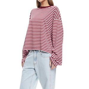Camiseta de Mujer a Rayas, Manga Larga, Cuello Redondo, Tejido de Punto, Corte Holgado, Talla Grande, Largo Regular, para Todas las Temporadas, Transpirable, de Algodón - Product Image 4
