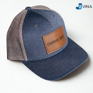 Custom Logo Leather Patch Trucker <b>Cap</b> Denim Blue Mesh Back Adjustable Unisex Casual <b>Hat</b> 6-Panel Spring Summer - Product Image 1
