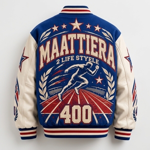 <b>Men</b> Blue Letterman <b>Jacket</b> Cream Leather Sleeves <b>Running</b> Graphic Embroidered Design Snap Front Ribbed Streetwear - Product Image 5