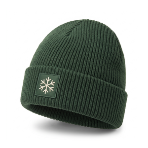 Gorro de punto acanalado premium para invierno, verde oscuro, con parche personalizado de copo de nieve, cálido, para hombres y mujeres, para esquí y snowboard al aire libre. - Product Image 2