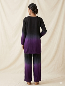 Ensemble Kurta et pantalon pour femme en modal satiné noir et violet dégradé, col en V, coupe décontractée, élégant, décontracté, tenue ethnique - Product Image 2