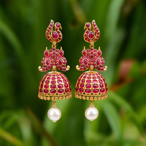 Ruby Kemp Gold Plated Peacock Jhumka Drop Earrings with Zircon and Pearl - Product Image 3