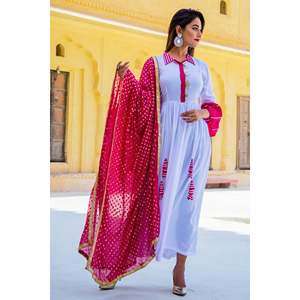 Ensemble Kurta en mousseline de soie blanche Nadiya avec manches longues et dupatta rose, taille XS - Product Image 2