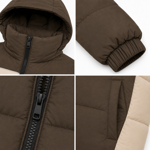 Wholesale Color <b>Block</b> Puffer Jacket Modern Winter Wear Insulated Hood Custom <b>Rubber</b> Patch Service Front Zipper Elasticated Cuffs - Product Image 4